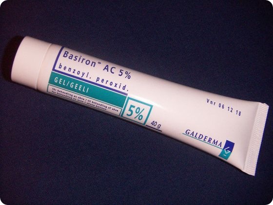 A tube of Basiron (also sold as Benzac) from Galderma Laboratories, used for the treatment of acne. Its active ingredient is benzoyl peroxide. 